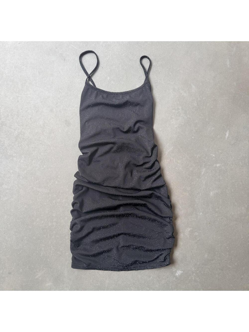 Sparkly Black Ruched Mini Dress with Spaghetti Straps